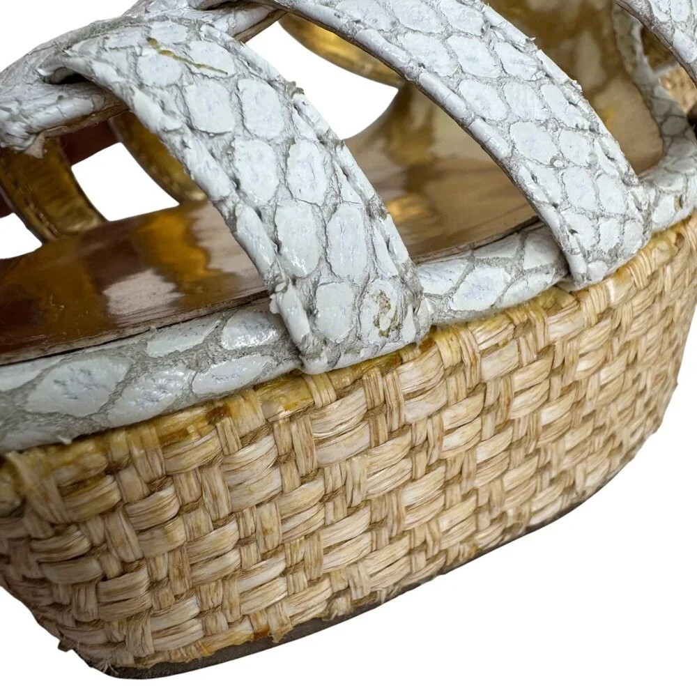 Sergio Zelcer White Snake Wedge‎ Sandals Size 6 Womens Open Toe Raffia Platform